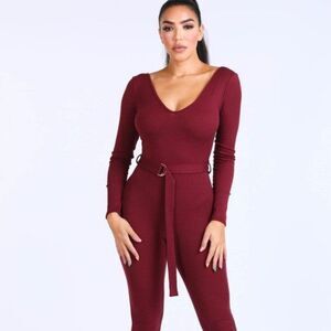 Burgundy Ribbed Knit Deep U Bodysuit